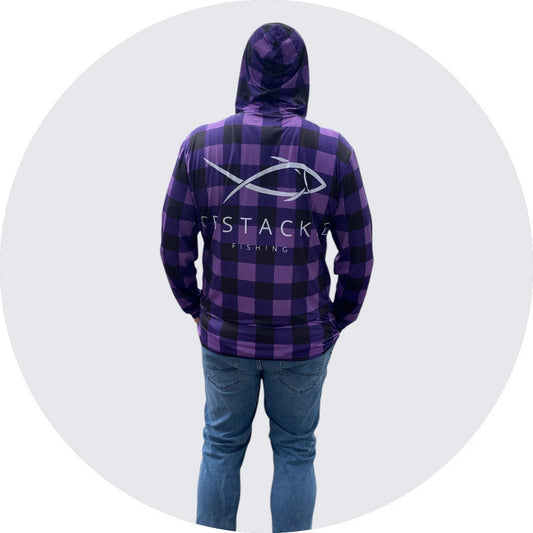 Obstackle Fishing Flanno Style Fishing Shirt, model back purple